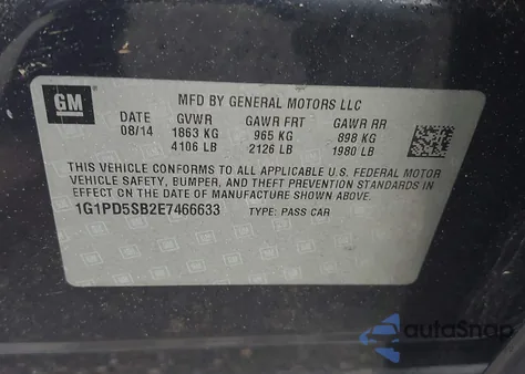 2014 Chevrolet Cruze 1Lt Manual from USA, damaged, VIN 1G1PD5SB2E7466633